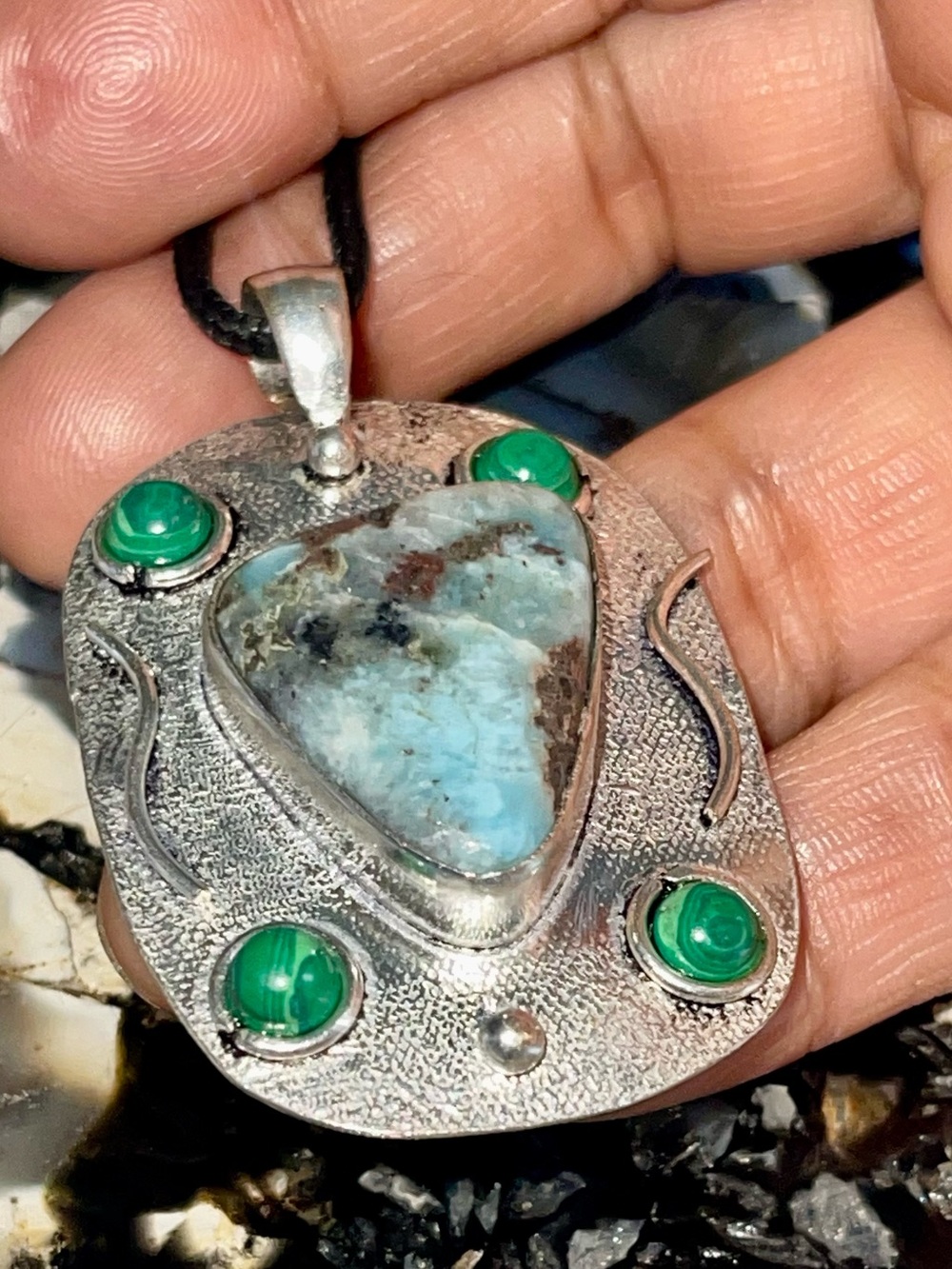 Pretty Caribbean Larimar & Malachite Pendant 2 1/4”